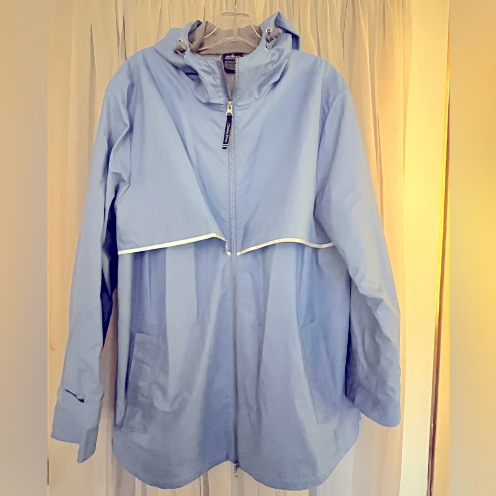 Light blue 2XL zip front, hooded rain jacket.